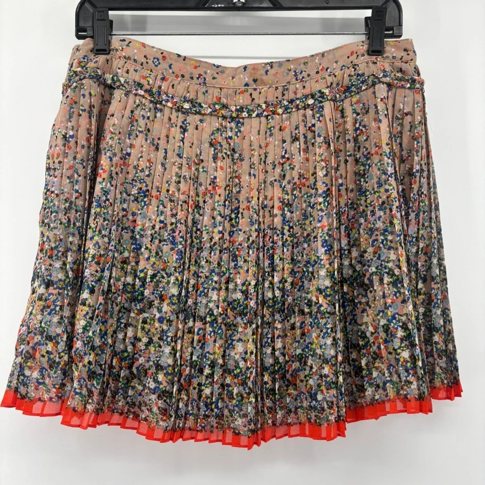 American Eagle Outfitters Floral Pleated Mini Skirt Braided Waist‎ Orange Hem 10